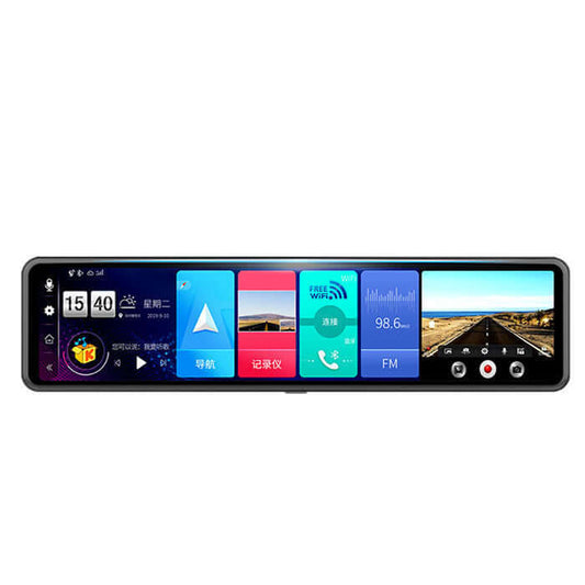 12-Inch 4G SmartVision Driving Recorder with touch screen, featuring navigation, Wi-Fi, FM, and camera interface.