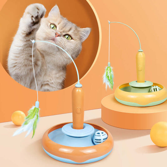 Interactive cat toy with feather turntable, featuring a playful cat swatting at the dangling feather.