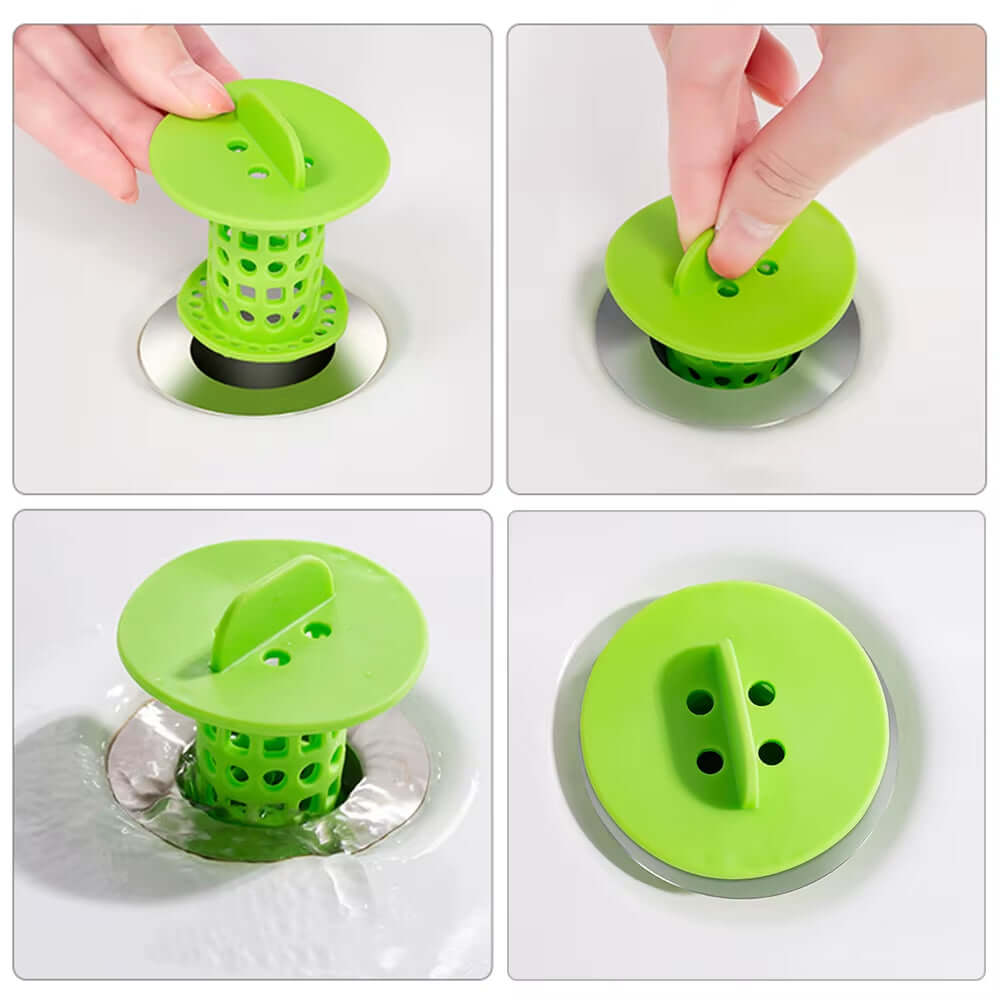1PC versatile bathroom drain hair catcher and stopper in vibrant green, demonstrating effective hair trapping and drainage blocking.