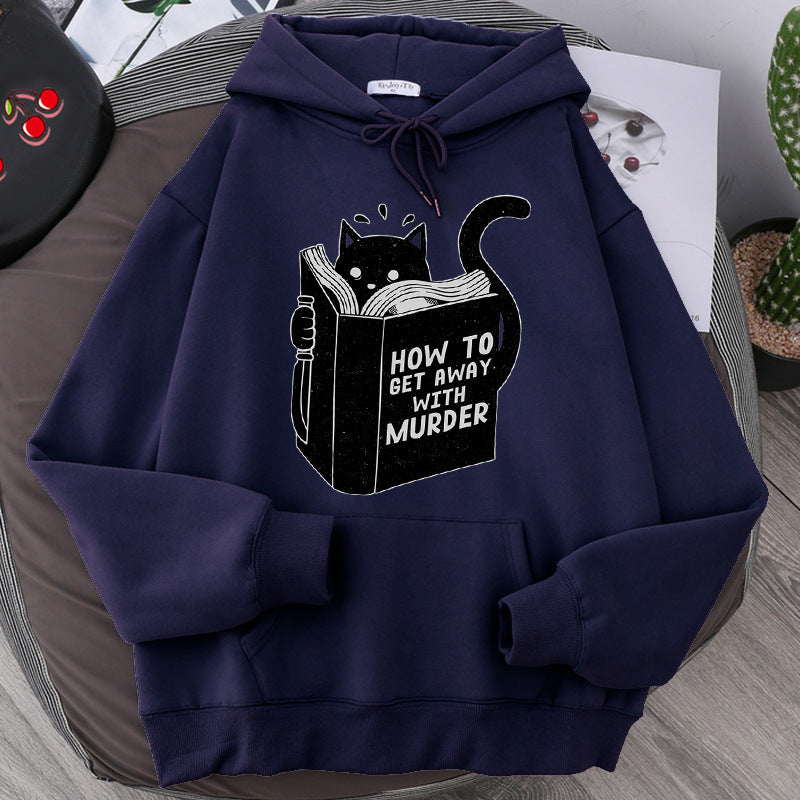 Men's And Women's Hooded Sweater Cartoon Anime Cute Cat Reading Print Sweatshirt