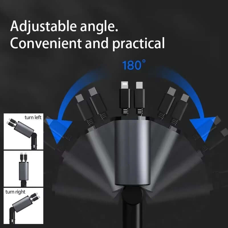 Adjustable angle fast car charger showing 180° rotation for convenience and practicality in use.