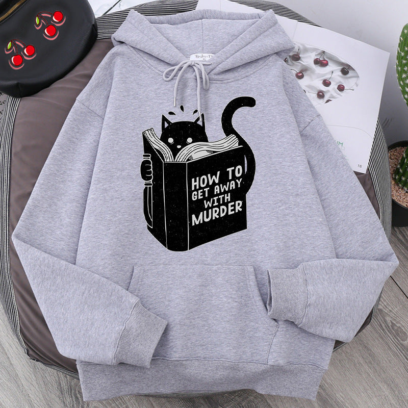 Men's And Women's Hooded Sweater Cartoon Anime Cute Cat Reading Print Sweatshirt