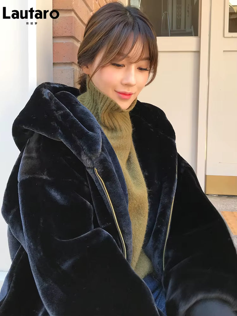 -Oversized Faux Fur Jacket for Women, Fluffy, Warm, Soft, White, Long Sleeve, Black, Zip Up, Korean Hoodie, Winter