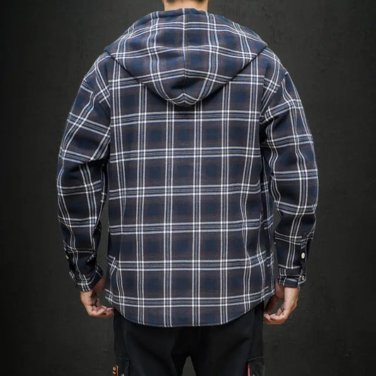 Thick Warm Black Plaid Hooded Velvet Shirt (Plus Size)
