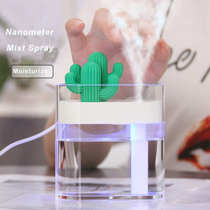 160ML ultrasonic air humidifier with cactus design, mist spray function, and LED light for moisturizing air.