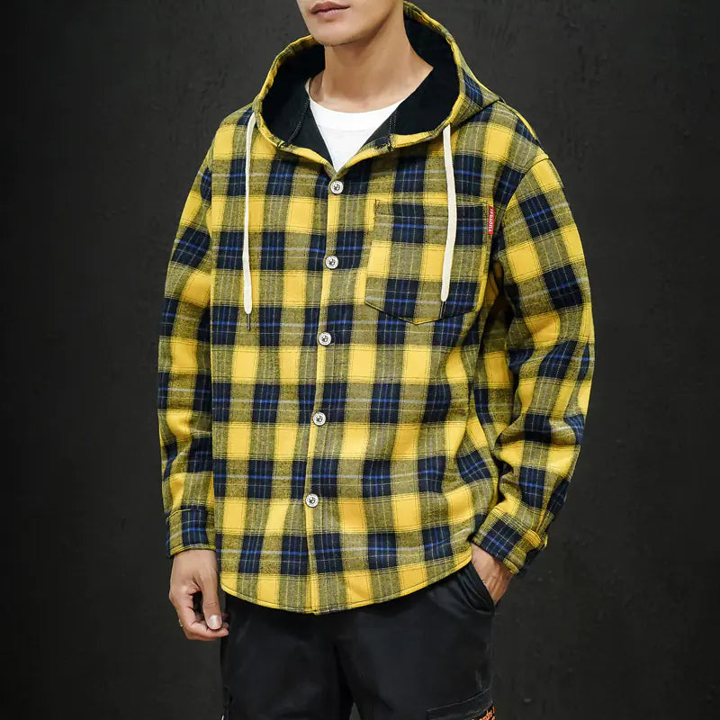 Thick Warm Black Plaid Hooded Velvet Shirt (Plus Size)
